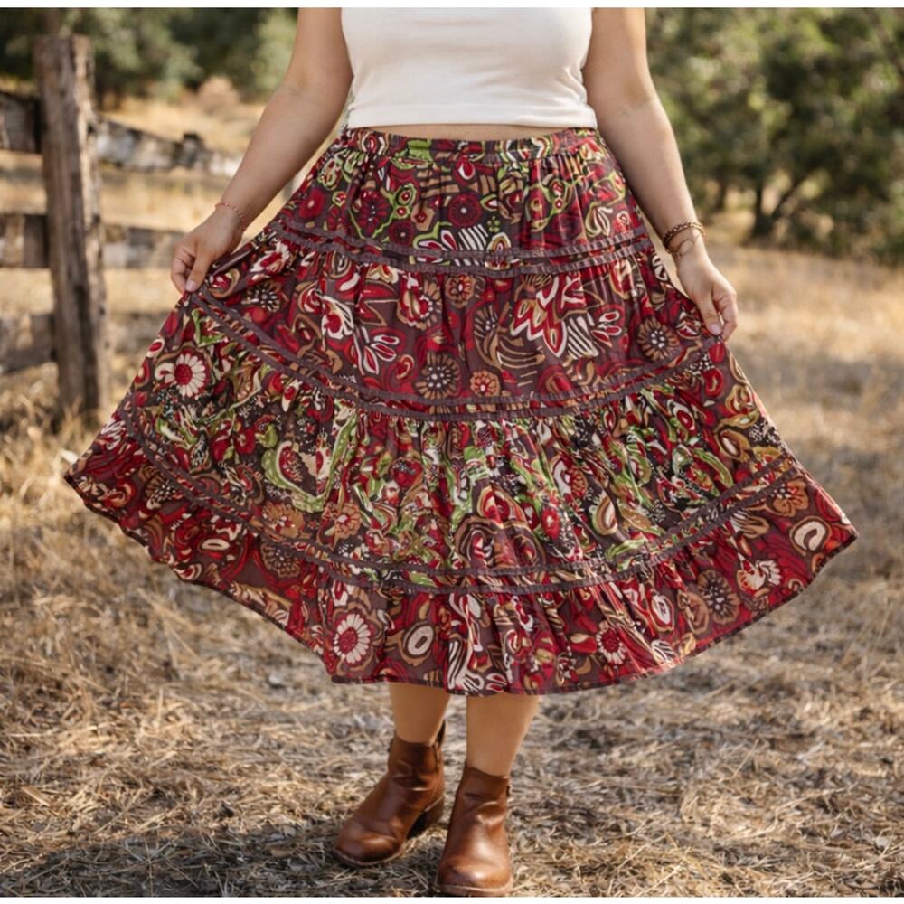 Vintage Boho Tiered Midi Skirt Floral Cottagecore Y2K Festival XL